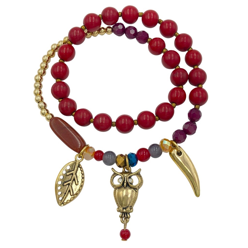 Owl Leaf Horn Gold Tone Charm Red Beaded Stretch Wrap Bracelet